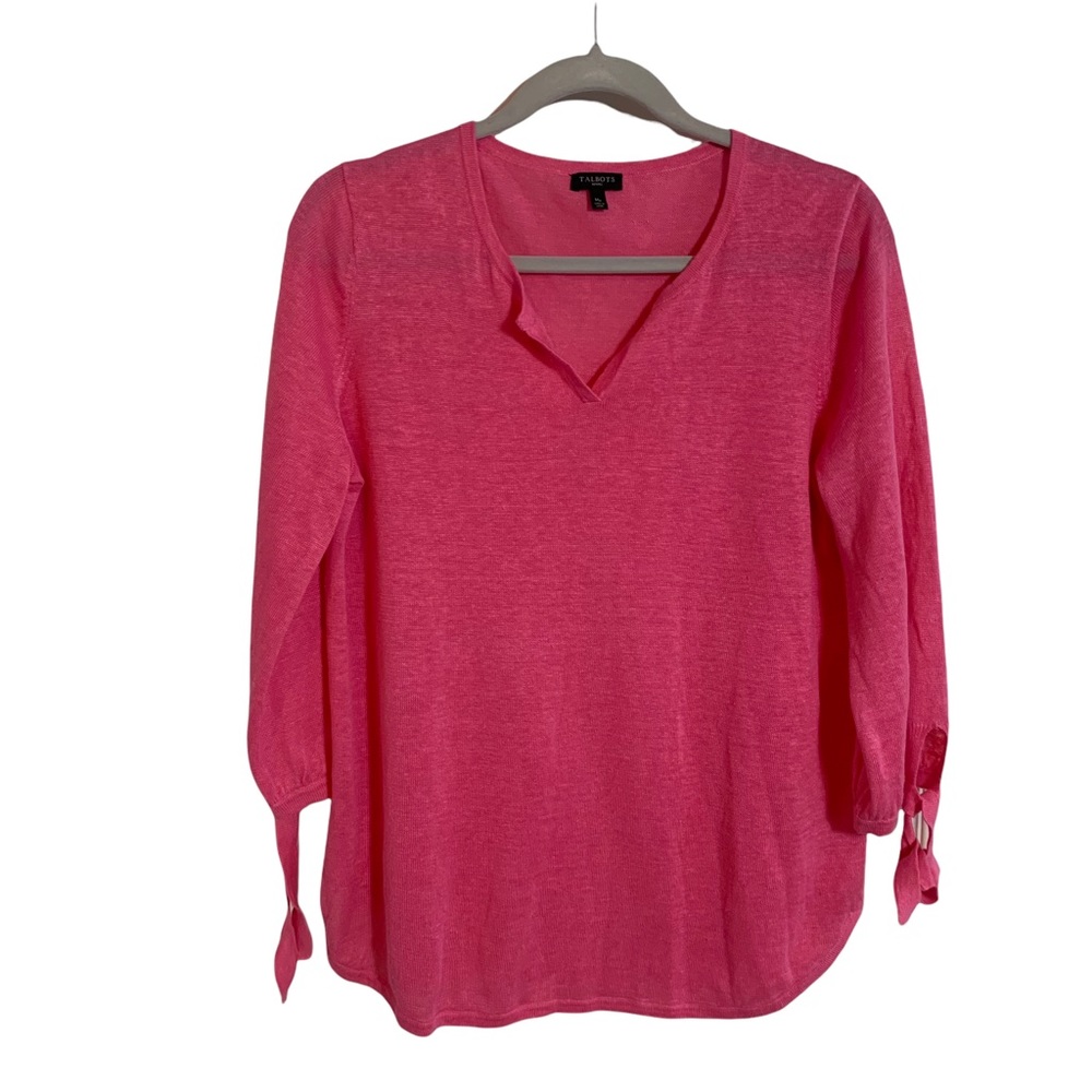 Talbots v-neck linen tie sleeve hampton sweater pink size MP Medium Petite.